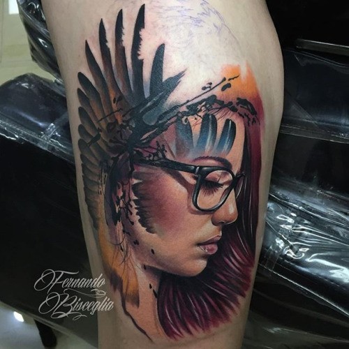 Realism style colored tattoo of Indian woman with glasses