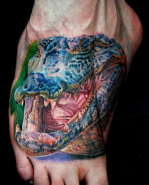 Realism style colored tattoo of large alligator