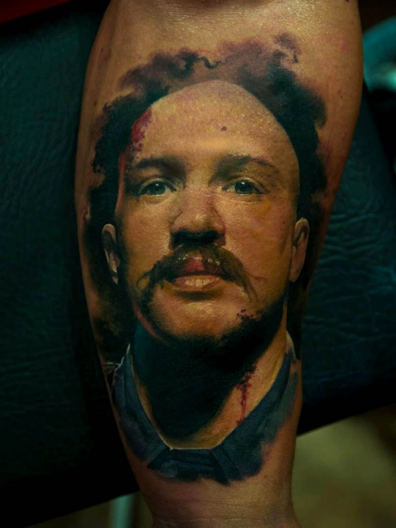 Realism style colored tattoo of man with mustache