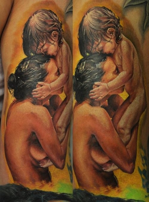 Realism style colored tattoo of mother and child