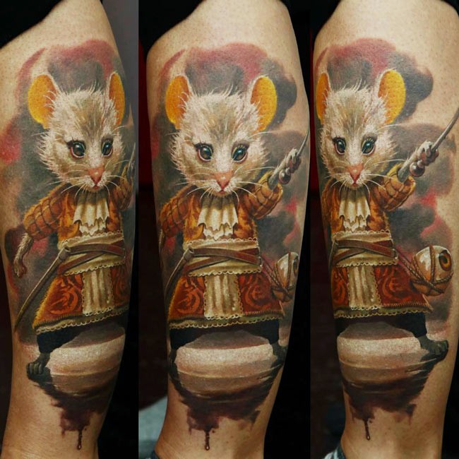 Realism style colored tattoo of mouse with stick