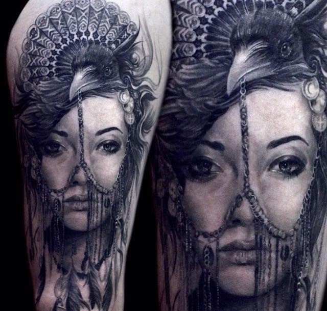 Realism style colored tattoo of pierced woman with crow