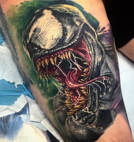 Realism style colored tattoo of very detailed evil Venom