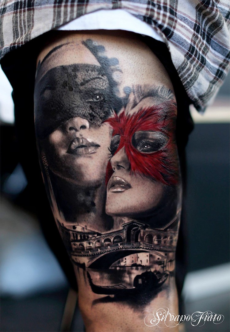 Realism style colored tattoo of woman with masks and old bridge