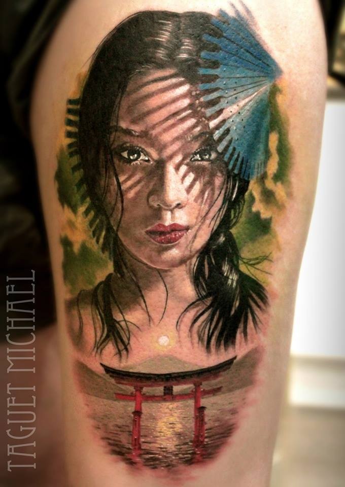 Realism style colored thigh tattoo of Asian woman portrait