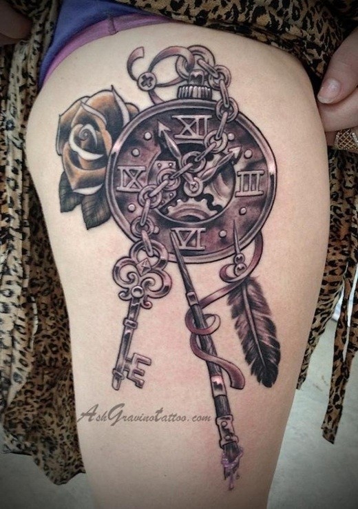 Realism style colored thigh tattoo of old clock with chained keys and flower