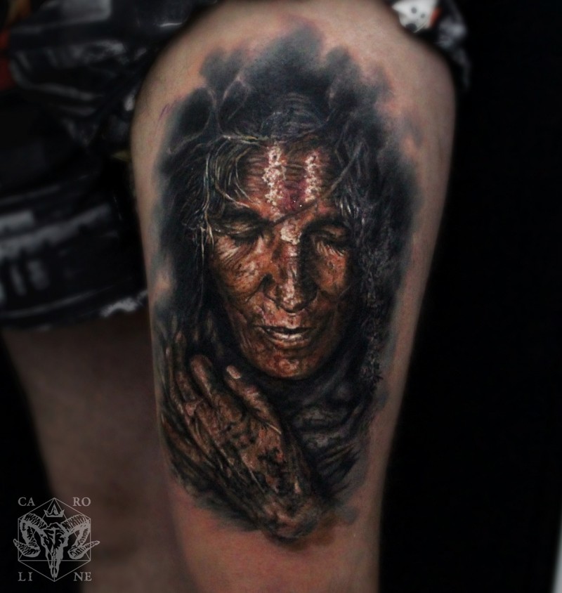 Realism style colored thigh tattoo of old woman portrait
