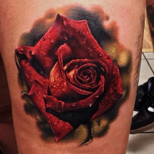 Realism style colored thigh tattoo of very detailed rose