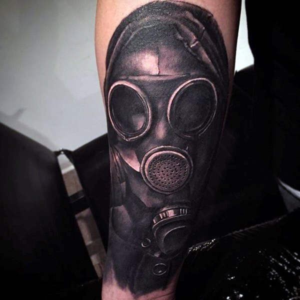 Realism style colored very detailed gas mask tattoo o forearm
