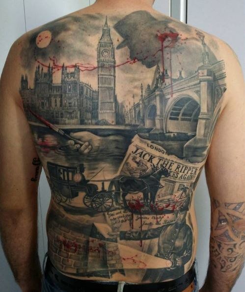 Realism style colored whole back tattoo of medieval London with bloody maniac