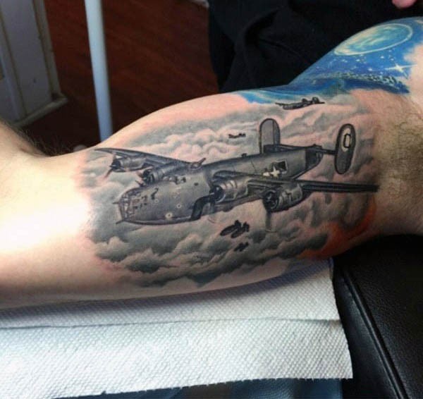 Realism style colored WW2 bomber planes tattoo on shoulder