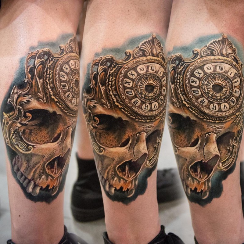 Realism style detailed and accurate painted leg tattoo of human skull stylized with old clock