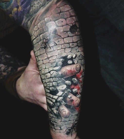 Realism style detailed arm tattoo of stone wall with fingers