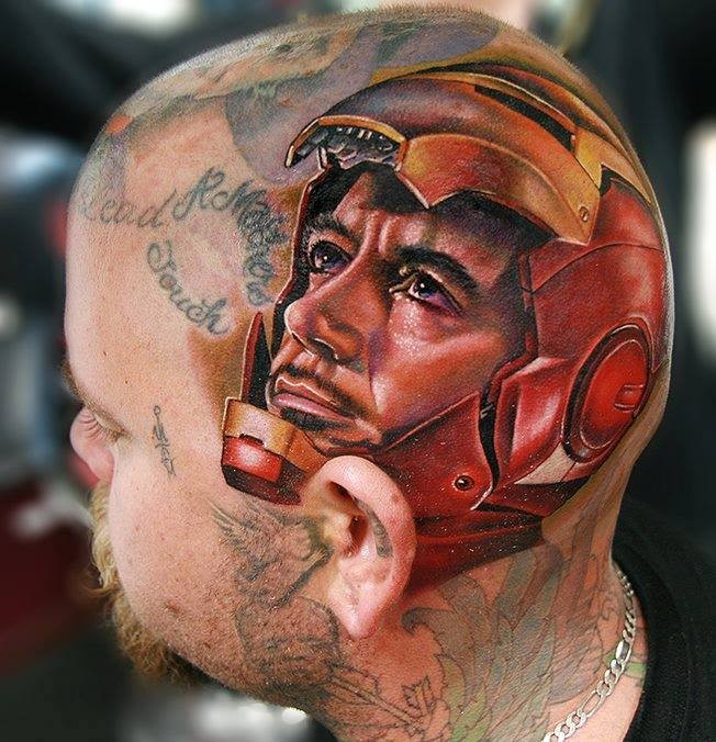 Realism style illustrative head tattoo of Iron man portrait