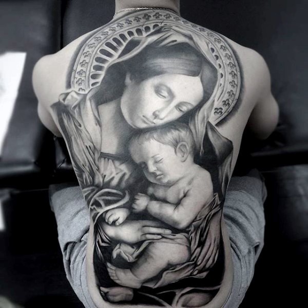 Realism style large very detailed religious picture tattoo on whole back