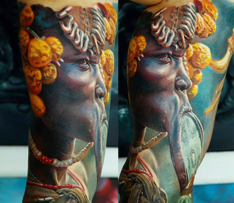 Realism style multicolored tattoo of antic tribe man