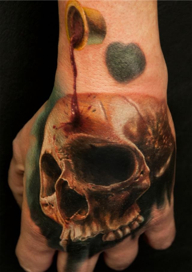 Realism style mystical looking colored hand tattoo of skull