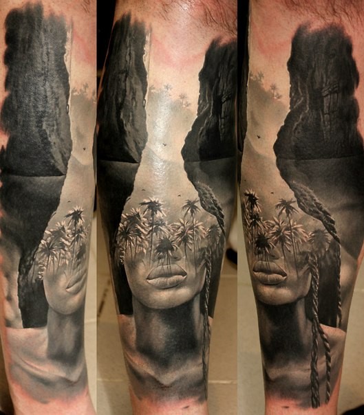 Realism style original combined tattoo of sea lagoon with palm trees and woman face