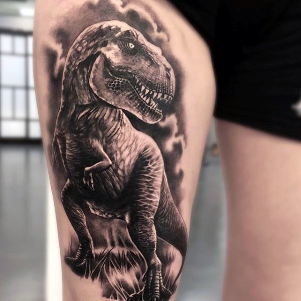 Realism style very detailed accurate painted thigh tattoo of big dinosaur