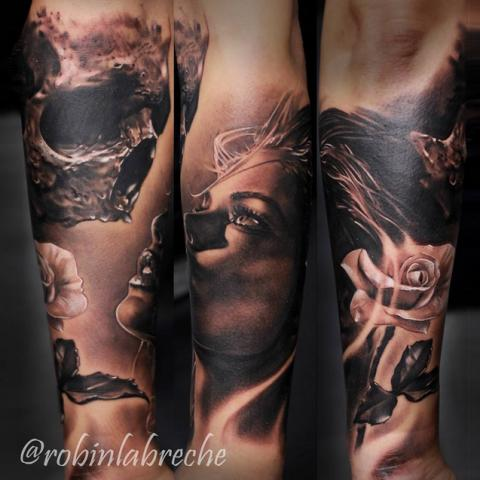 Realism style very detailed beautiful woman with skull tattoo on forearm