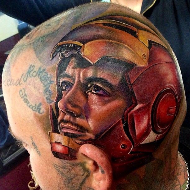 Realism style very detailed head tattoo of Iron man