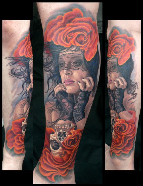 Realism style very detailed leg tattoo of beautiful woman with roses and skull