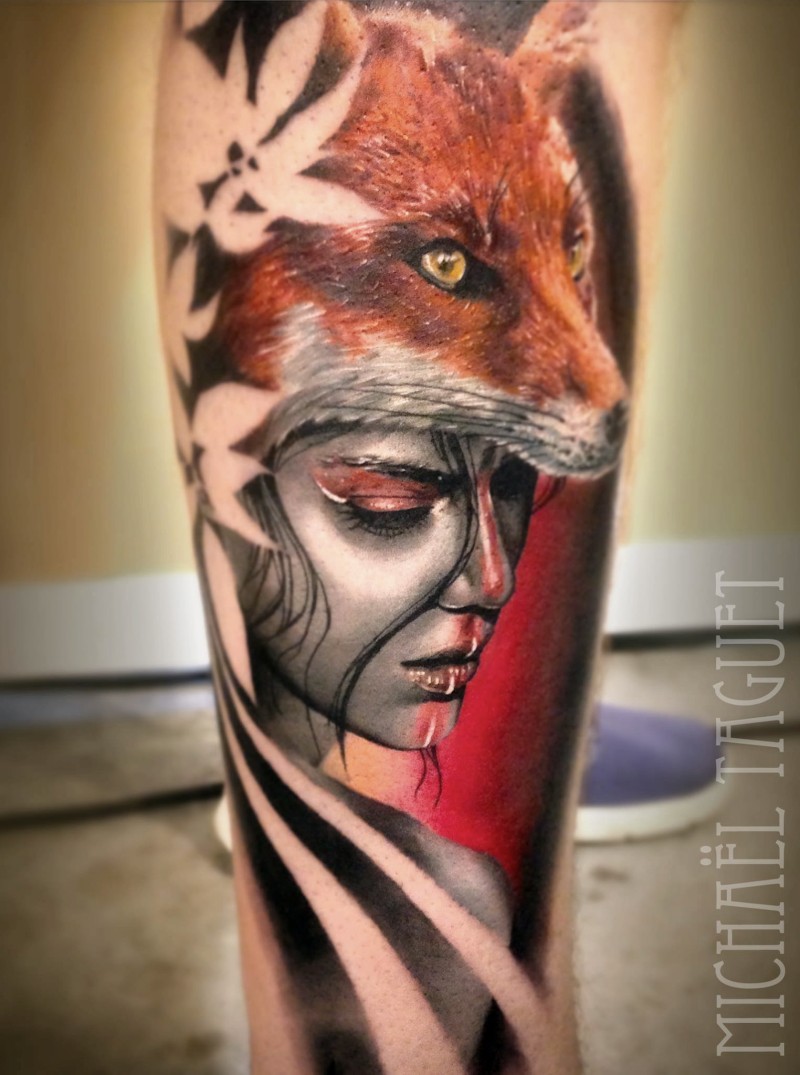 Realism style very detailed leg tattoo of tribal woman with fox mask