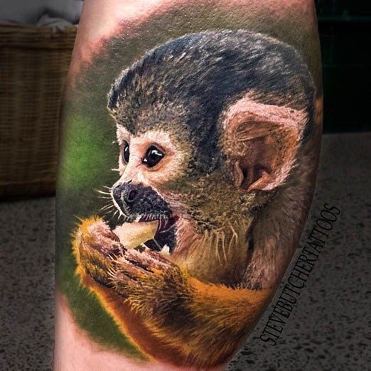 Realism style very detailed leg tattoo of funny monkey