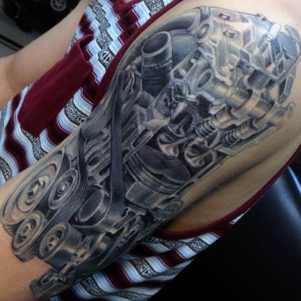 Realism style very detailed shoulder tattoo of big engine