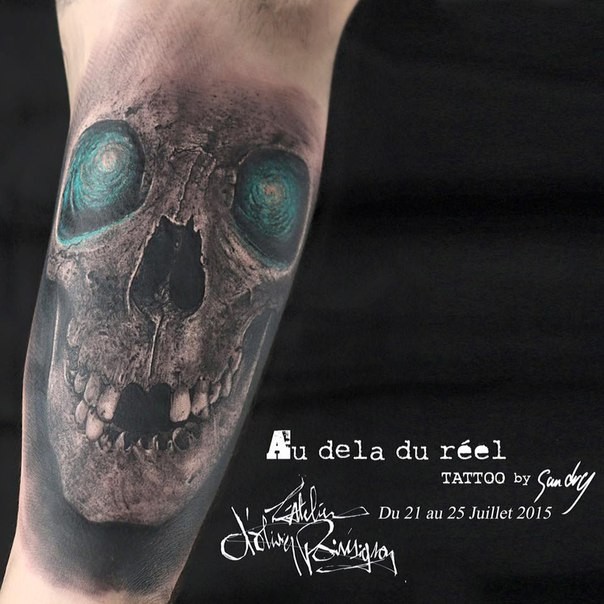Realism style very detailed tattoo of magical human skull