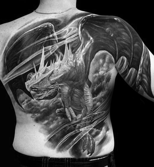 Realism style very detailed whole back tattoo of dragon with big wings