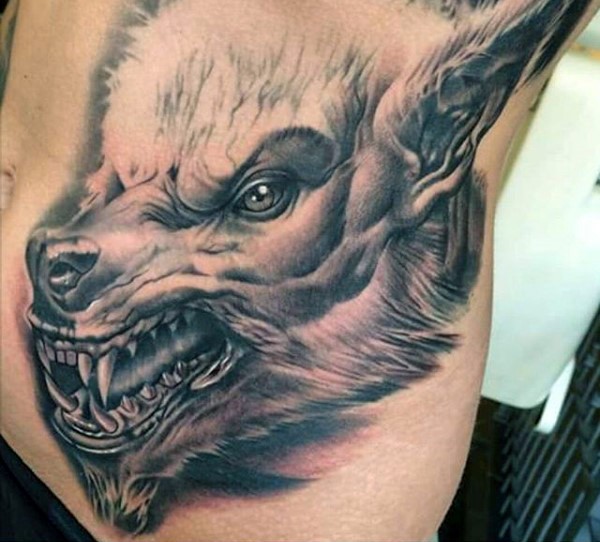 Realism style white colored werewolf head tattoo