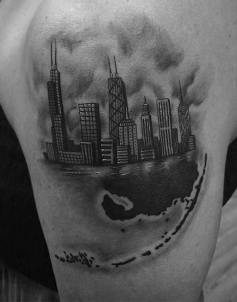 Realism style wonderful looking black ink shoulder tattoo of city sights