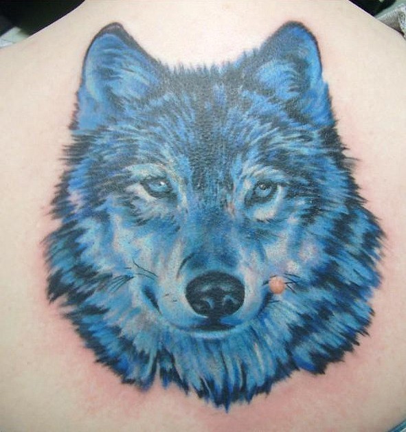 Realistic 3d blue wolf face tattoo on upper back