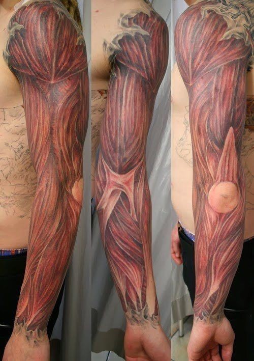 Tatuaje en el brazo, músculos sin piel