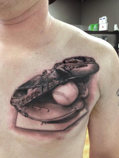 Realistic baseball glove and ball tattoo on chest for men