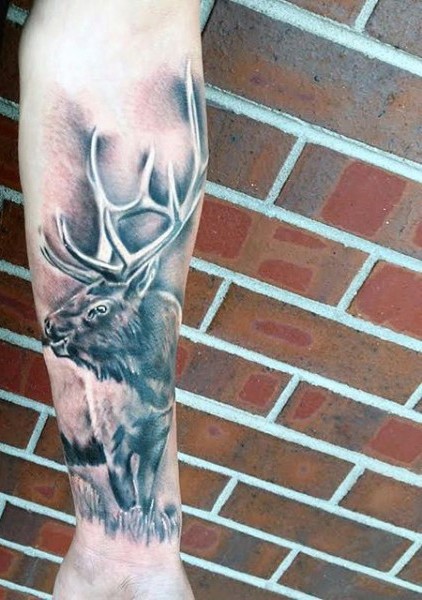 Realistisches schwarzes und graues Unterarm Tattoo mit wildem Elch