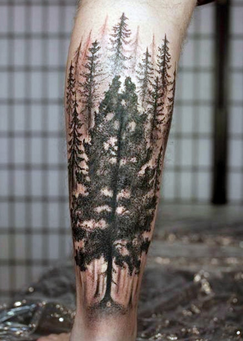 realistico inchiostro  nero grande vecchia foresta tatuaggio su gamba