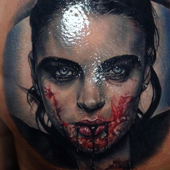 Realistic bloody vampiress tattoo