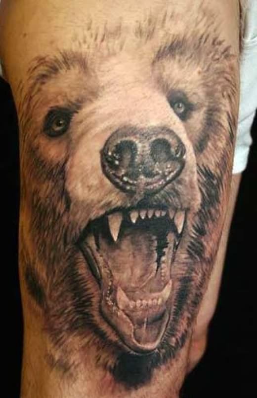 Realistic head of brown bear tattoo