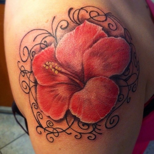 Realistic hibiscus flower and black pattern tattoo