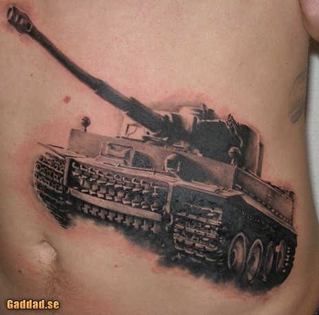 Realistic lifelike belly tattoo of awesome Tiger tank