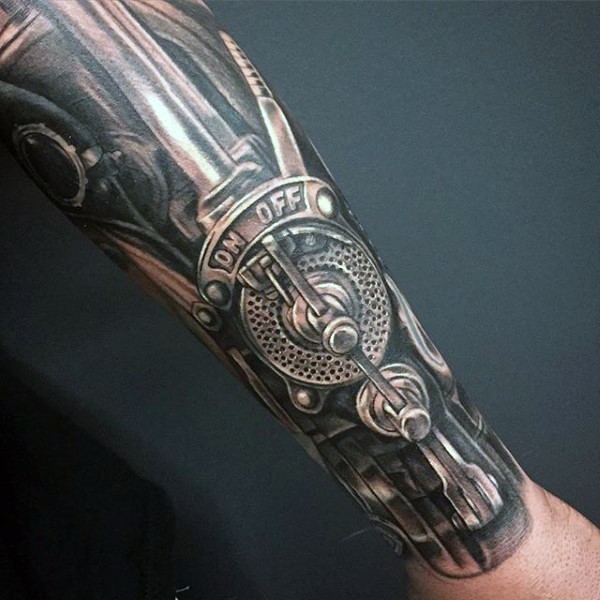 Realistic looking 3D like mechanical hand tattoo on arm