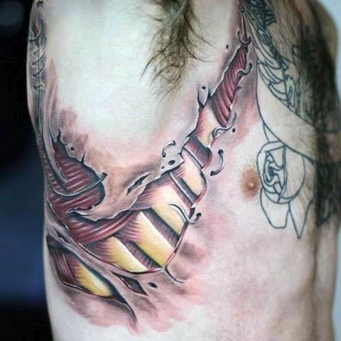 Realistic looking 3D style ripped skin with stitches tattoo on side