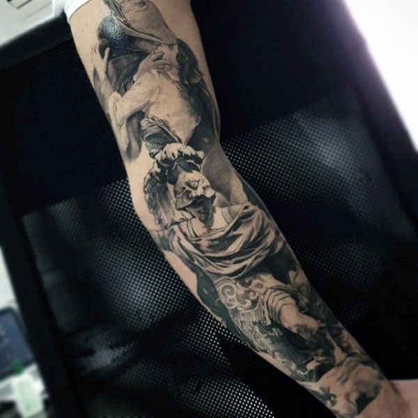 Realistic looking black and white antic statues tattoo on sleeve