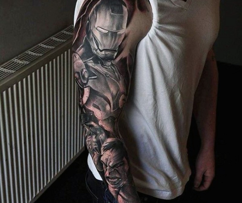 Realistic looking black and white Iron man tattoo of sleeve combined with angry Hulk