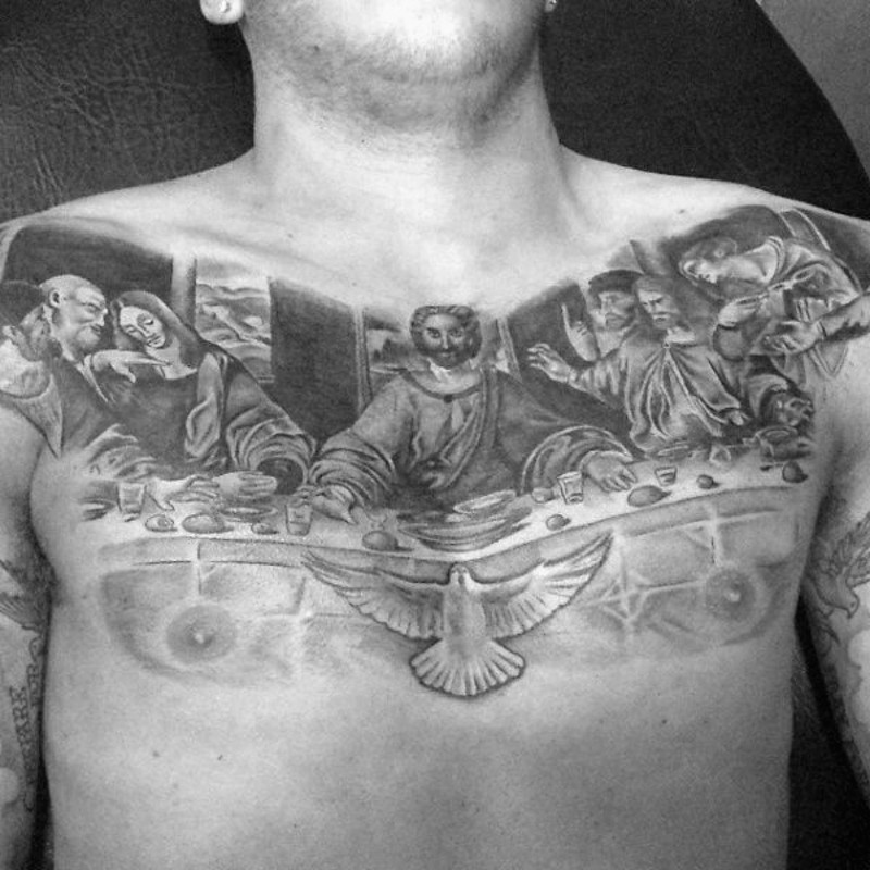 Realistic looking black ink Lord&quots Supper painting tattoo on chest