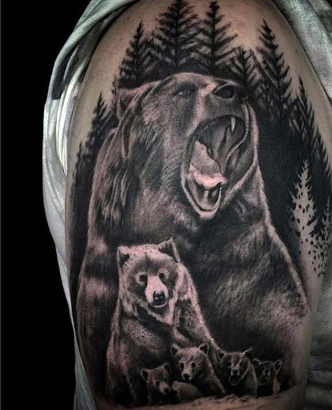 Realistic looking black ink wild bear family tattoo on shoulder