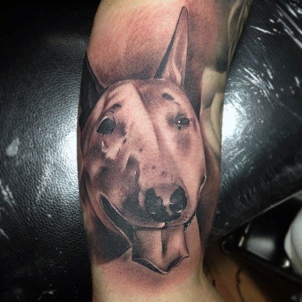 Realistic looking colored 3D like cute dog tattoo on arm