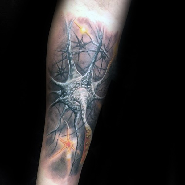Realistic looking colored arm tattoo of neurons